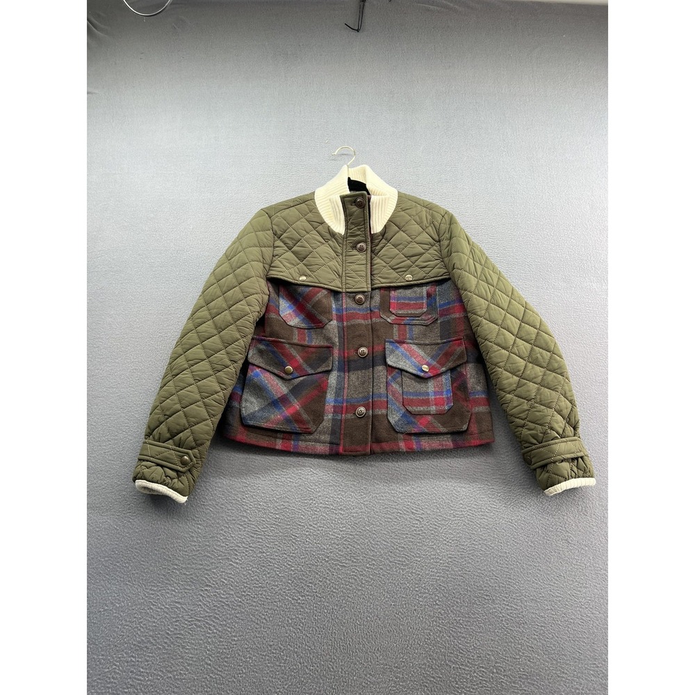 JSB Donna Jacket Womens Large Olive Plaid Quilted Wool Blend Zip Button Pockets